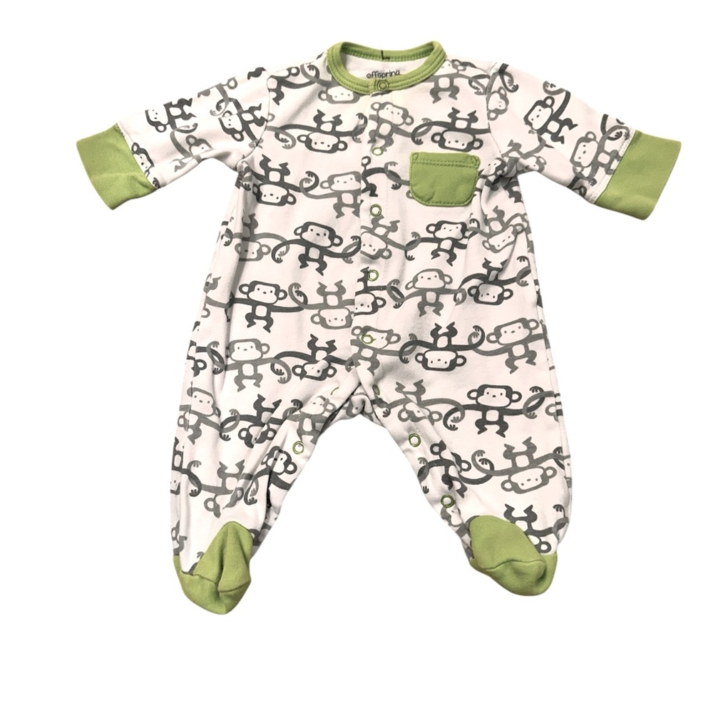 Offspring Monkey Onesie Footies Gray, White, Green, Newborn
